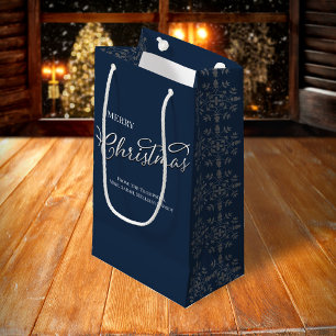 Merry Christmas Navy Blue Snowflake Calligraphy Small Gift Bag