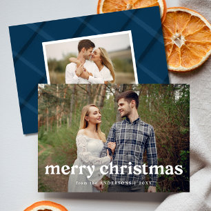 Merry Christmas Navy Painted Plaid 2 Photo Holiday Card