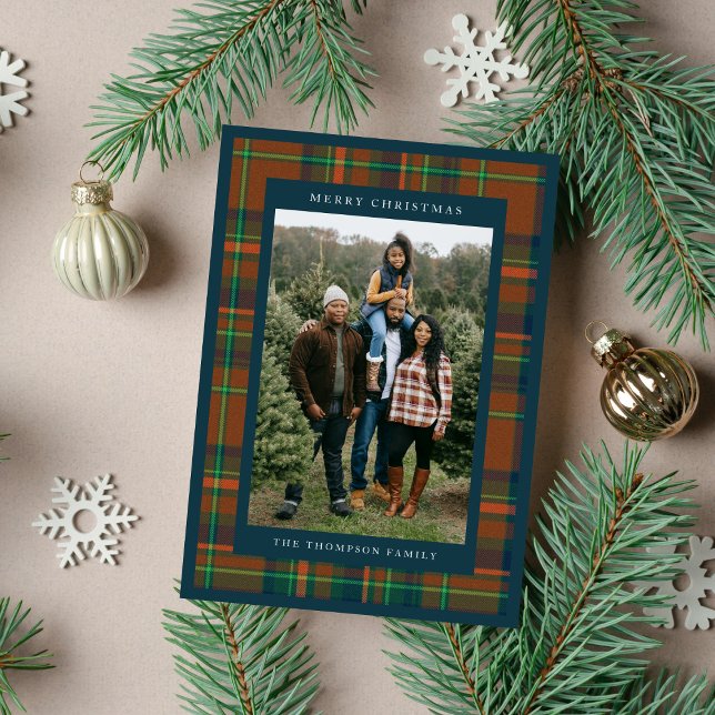 Merry Christmas Navy Plaid Flannel Family Photo Holiday Card (Creator Uploaded)