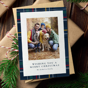 Merry Christmas navy plaid one photo Holiday Card