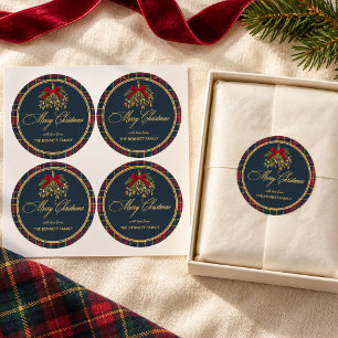 Merry Christmas Navy Plaid Red Bow Classic Round Sticker
