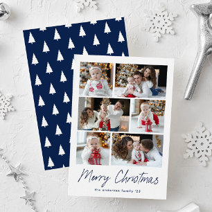 Merry Christmas Navy Script 6 Photo Collage Holiday Card