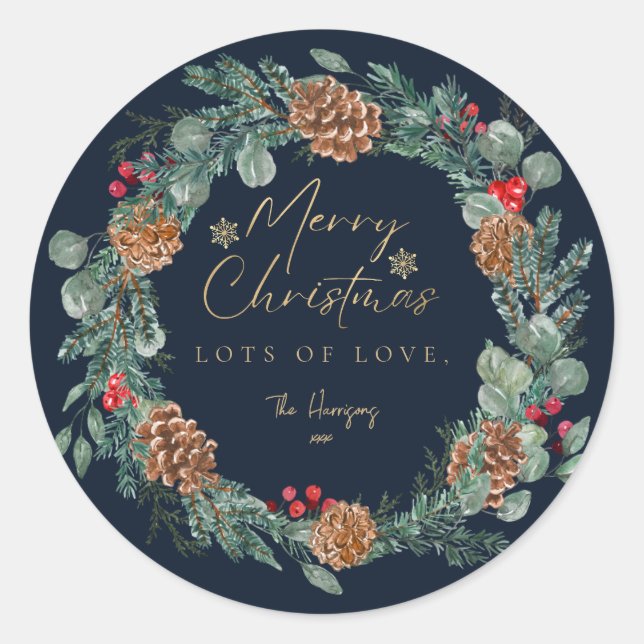 Merry Christmas Navy Watercolor Greenery Script Classic Round Sticker (Front)
