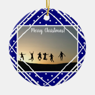 Merry Christmas Navy White Modern Photo Ceramic Tree Decoration