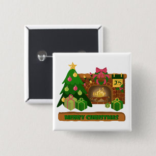 Merry Christmas near fireplace bonfire xmas tree 15 Cm Square Badge