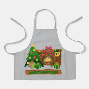 Merry Christmas near fireplace bonfire xmas tree Apron