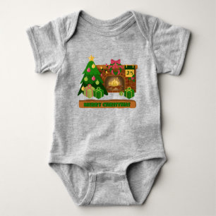 Merry Christmas near fireplace bonfire xmas tree Baby Bodysuit