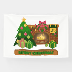 Merry Christmas near fireplace bonfire xmas tree Banner