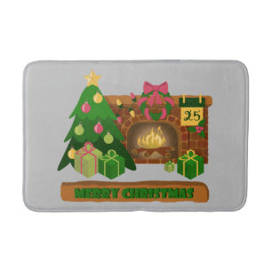 Merry Christmas near fireplace bonfire xmas tree Bath Mat