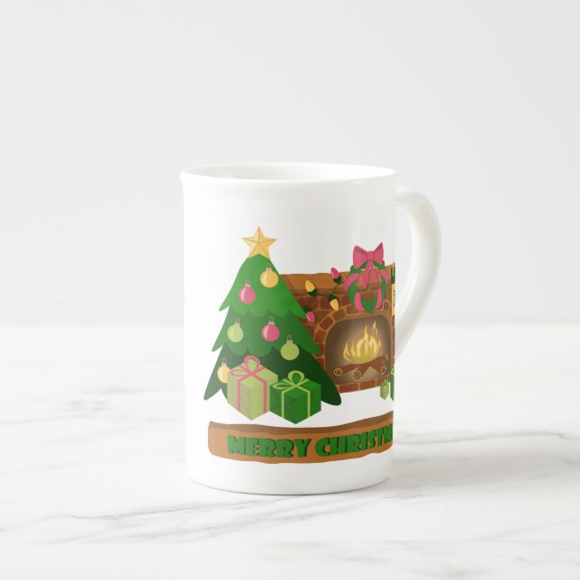 Merry Christmas near fireplace bonfire xmas tree Bone China Mug (Front Right)