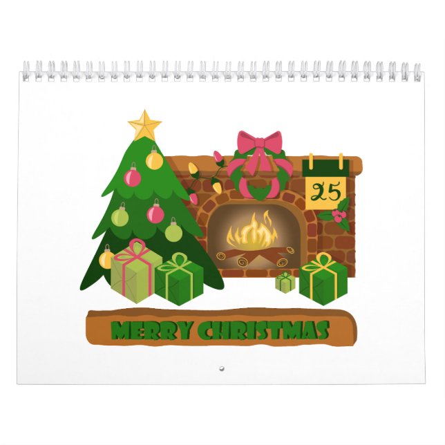 Merry Christmas near fireplace bonfire xmas tree Calendar (Cover)