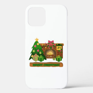 Merry Christmas near fireplace bonfire xmas tree iPhone 12 Case