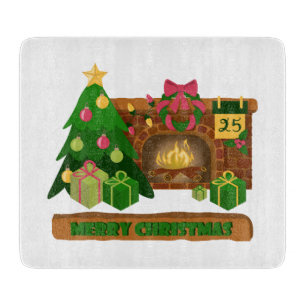 Merry Christmas near fireplace bonfire xmas tree Cutting Board