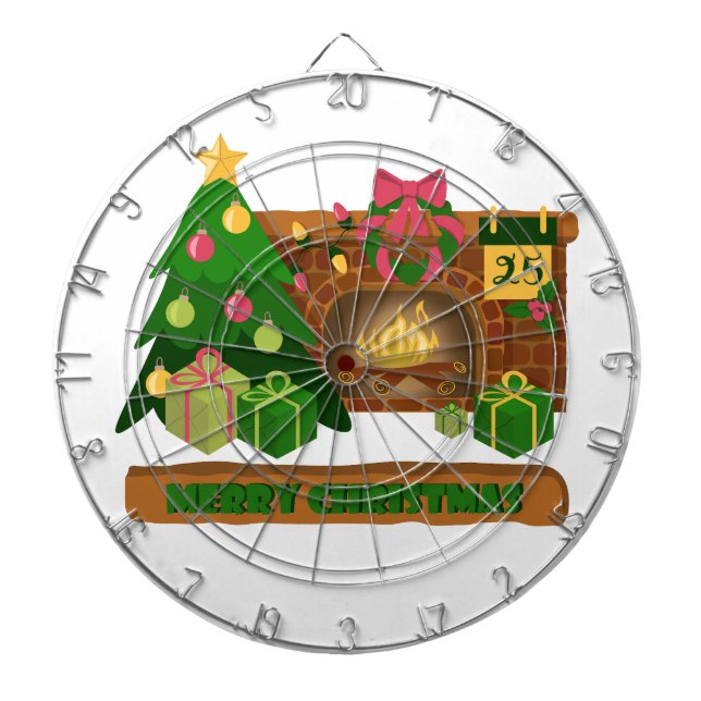 Merry Christmas near fireplace bonfire xmas tree Dartboard (Front)
