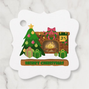 Merry Christmas near fireplace bonfire xmas tree Favour Tags