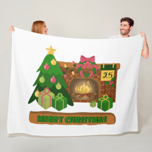 Merry Christmas near fireplace bonfire xmas tree Fleece Blanket