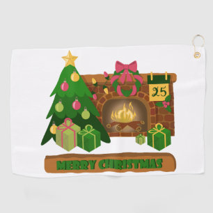 Merry Christmas near fireplace bonfire xmas tree Golf Towel