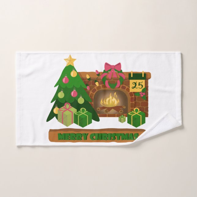 Merry Christmas near fireplace bonfire xmas tree Hand Towel (Hand Towel)