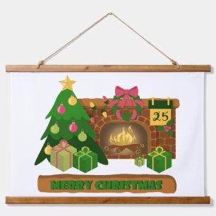 Merry Christmas near fireplace bonfire xmas tree Hanging Tapestry