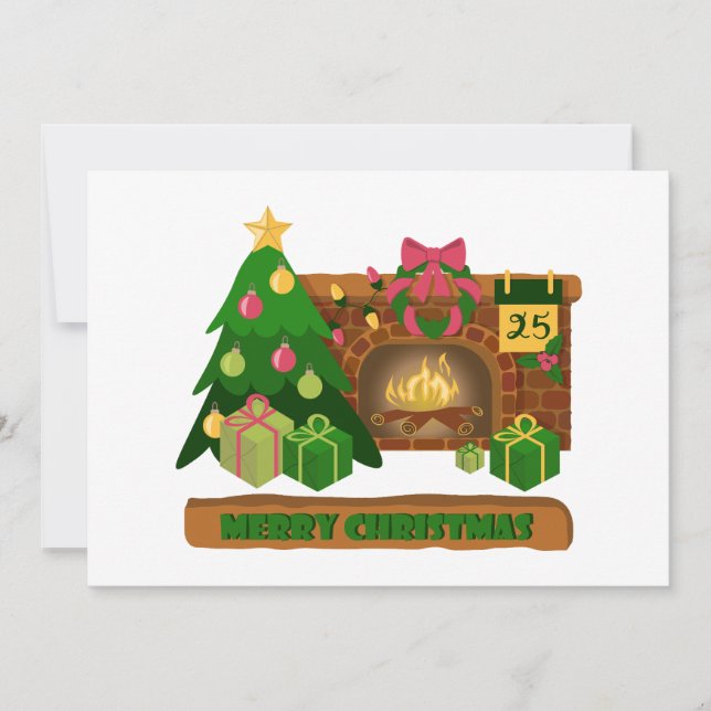 Merry Christmas near fireplace bonfire xmas tree Invitation (Front)