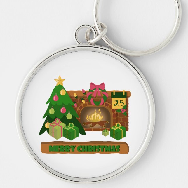 Merry Christmas near fireplace bonfire xmas tree Key Ring (Front)