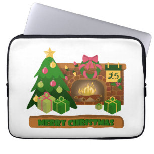 Merry Christmas near fireplace bonfire xmas tree Laptop Sleeve