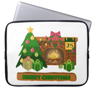 Merry Christmas near fireplace bonfire xmas tree Laptop Sleeve