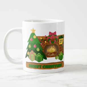 Merry Christmas near fireplace bonfire xmas tree Large Coffee Mug