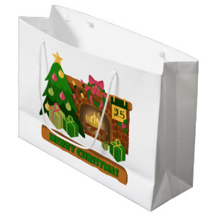 Merry Christmas near fireplace bonfire xmas tree Large Gift Bag