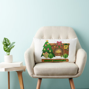 Merry Christmas near fireplace bonfire xmas tree Lumbar Cushion