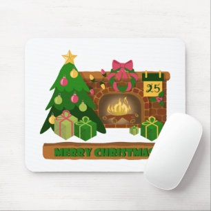 Merry Christmas near fireplace bonfire xmas tree Mouse Pad