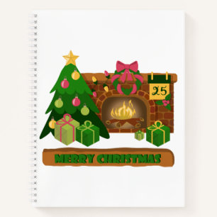 Merry Christmas near fireplace bonfire xmas tree Notebook