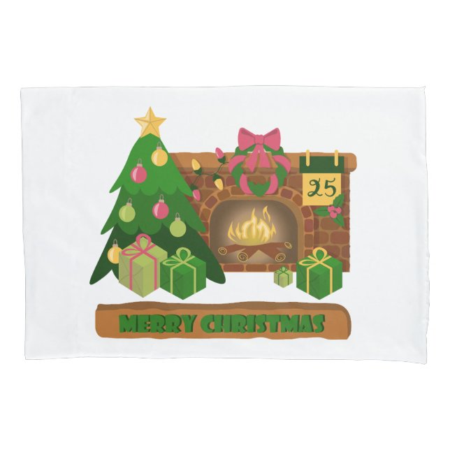 Merry Christmas near fireplace bonfire xmas tree Pillowcase (Front-Left)