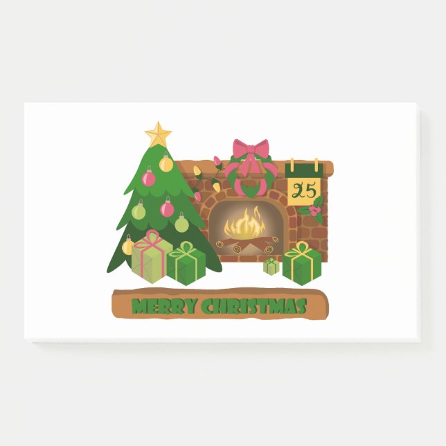 Merry Christmas near fireplace bonfire xmas tree Post-it Notes (Front)
