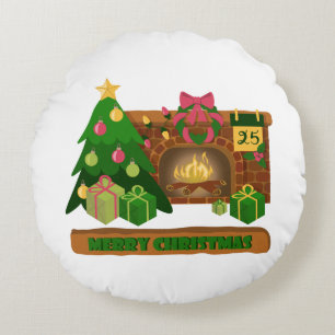 Merry Christmas near fireplace bonfire xmas tree Round Cushion