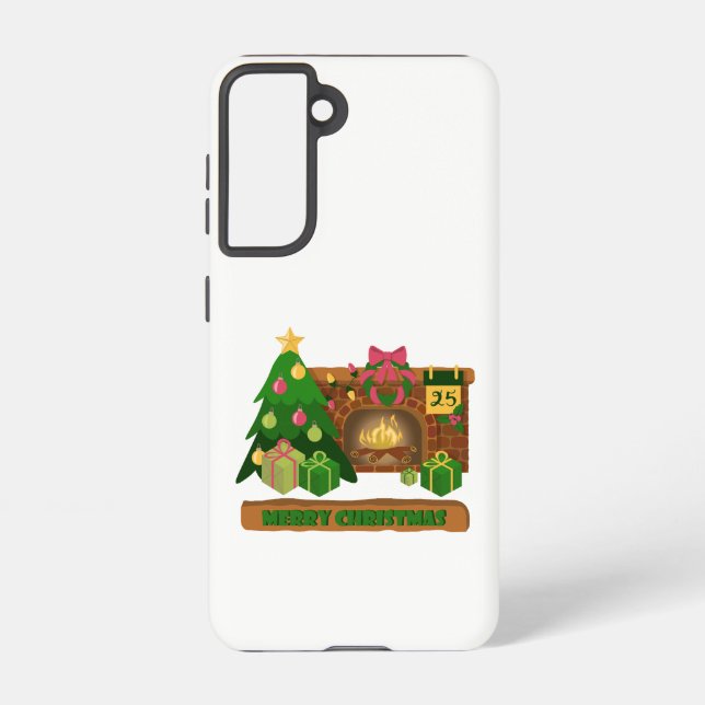 Merry Christmas near fireplace bonfire xmas tree Samsung Galaxy S21 Case (Back)