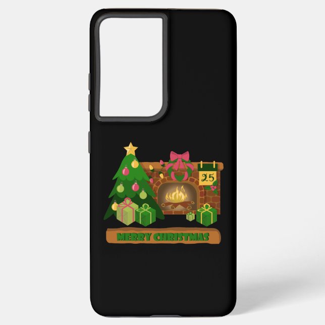 Merry Christmas near fireplace bonfire xmas tree Samsung Galaxy S21 Ultra Case (Back)