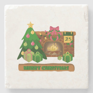 Merry Christmas near fireplace bonfire xmas tree Stone Coaster