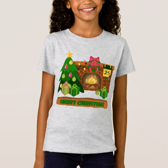 Merry Christmas near fireplace bonfire xmas tree T-Shirt (Front)