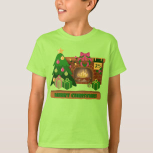 Merry Christmas near fireplace bonfire xmas tree T-Shirt