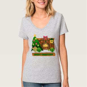 Merry Christmas near fireplace bonfire xmas tree T-Shirt