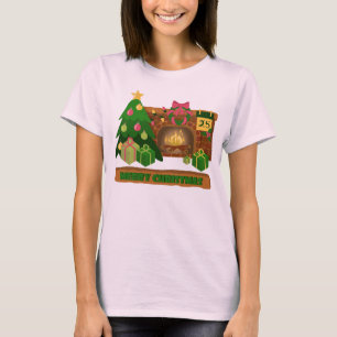 Merry Christmas near fireplace bonfire xmas tree T-Shirt
