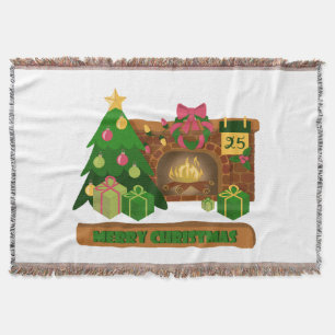 Merry Christmas near fireplace bonfire xmas tree Throw Blanket
