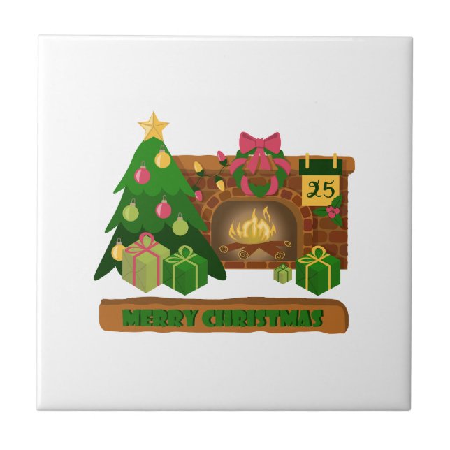 Merry Christmas near fireplace bonfire xmas tree Tile (Front)