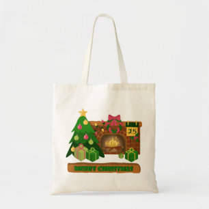 Merry Christmas near fireplace bonfire xmas tree Tote Bag
