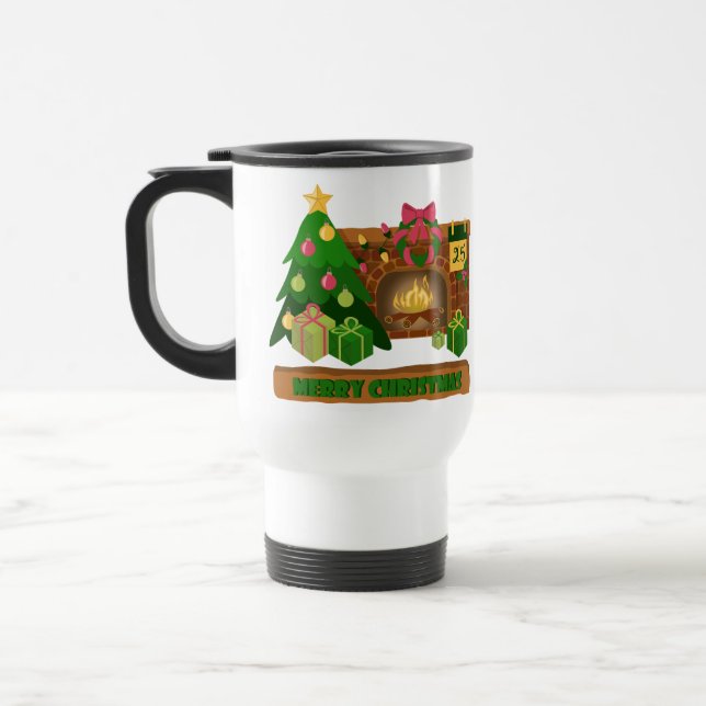 Merry Christmas near fireplace bonfire xmas tree Travel Mug (Left)