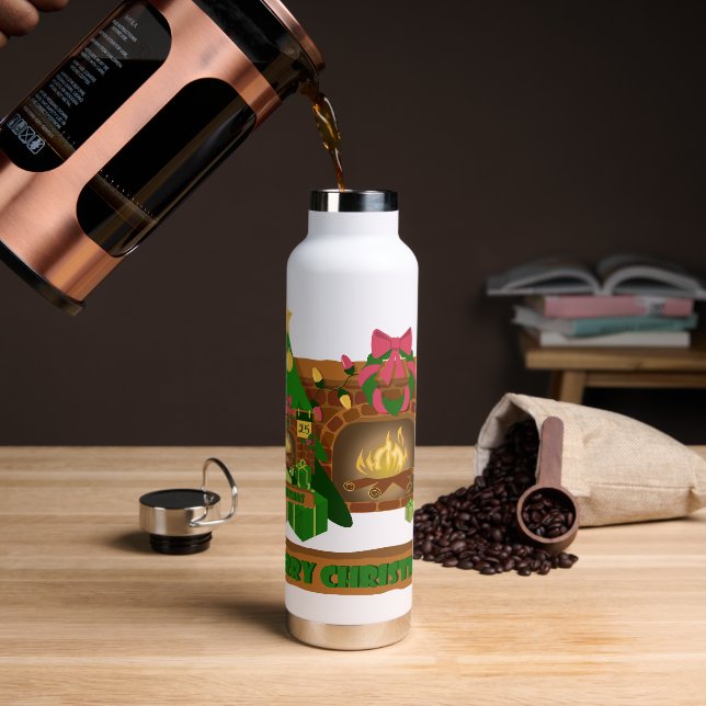 Merry Christmas near fireplace bonfire xmas tree Water Bottle (Coffee)