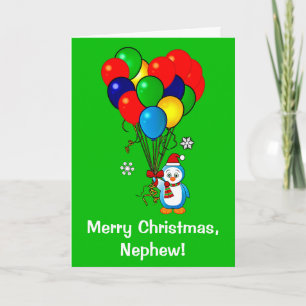 Merry Christmas Nephew Penguin with Balloons Holiday Card