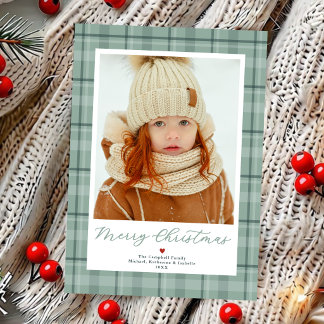 Merry Christmas Neutral Green Plaid Holiday Card