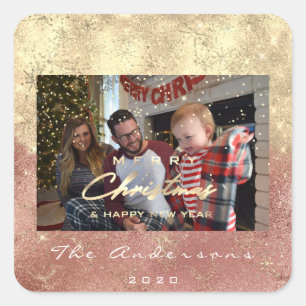 Merry Christmas New Gold Glitter Photo Glam Blush Square Sticker